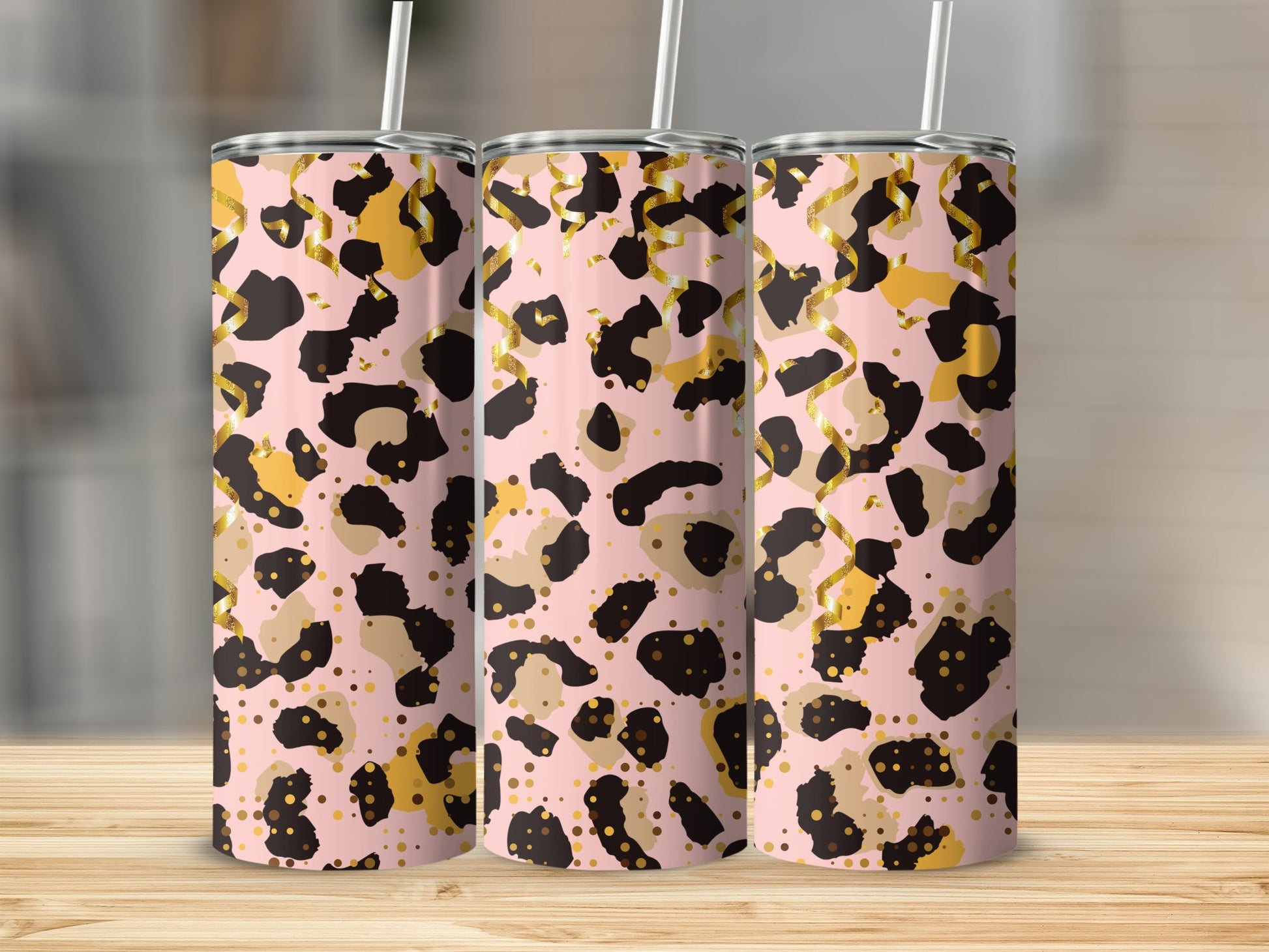 Pink and Gold Leopard Print Tumbler Cups for Beverages