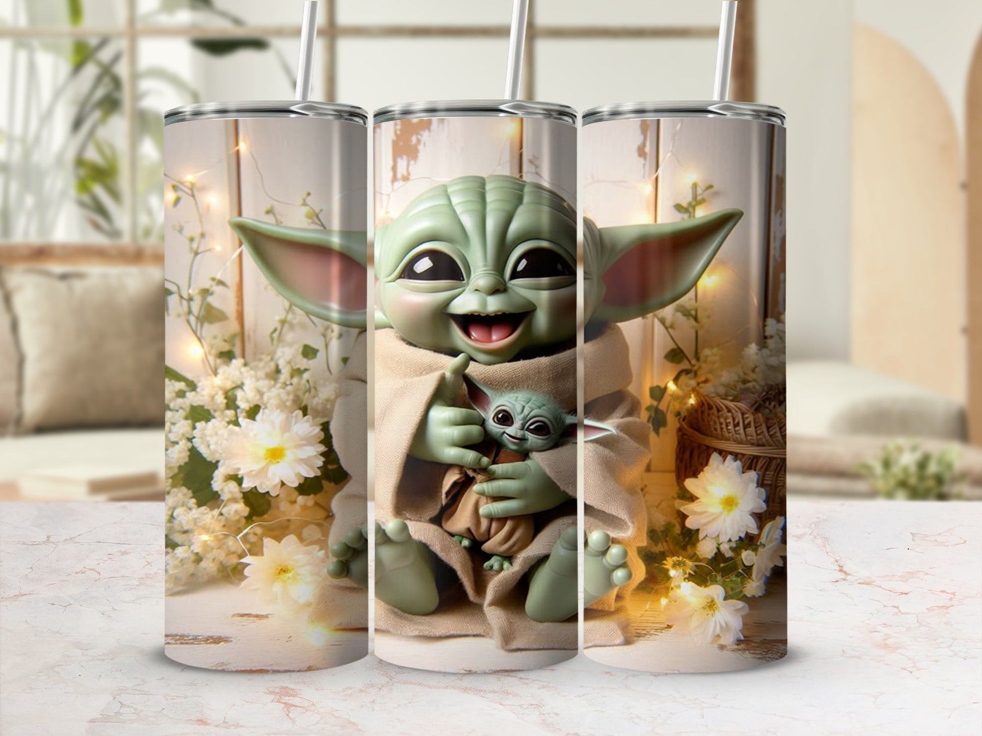 Cute Baby Alien with Flowers Tumbler with Straw