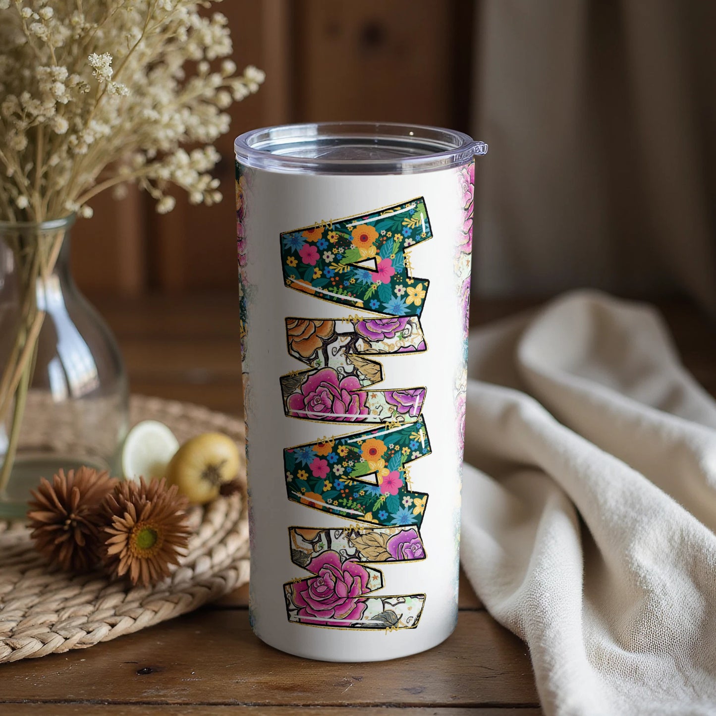 Floral Pattern Decorated Tumbler with Lid Beautiful Gift