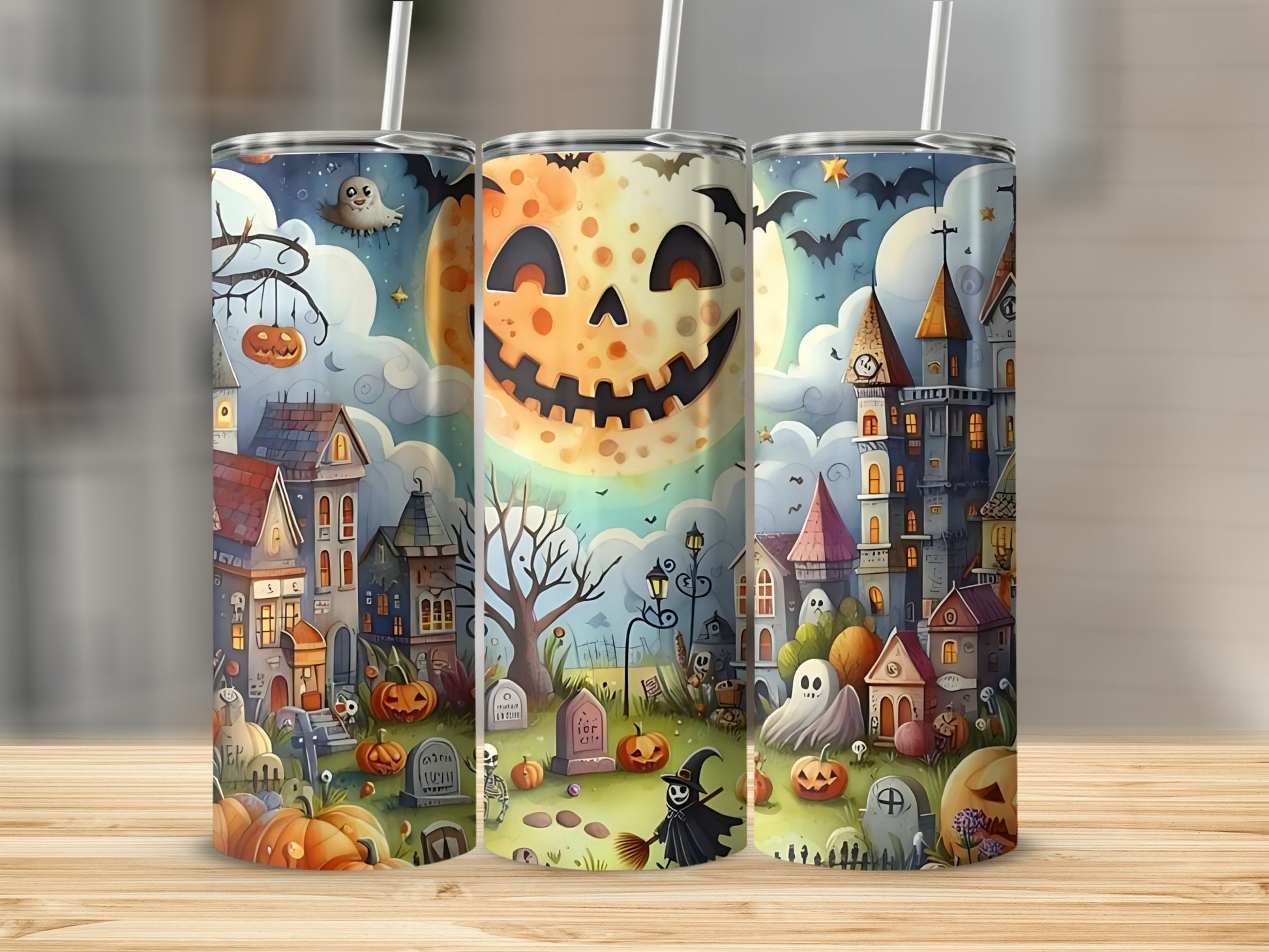 Three tumblers featuring a whimsical Halloween village scene with ghosts, pumpkins, and castles.