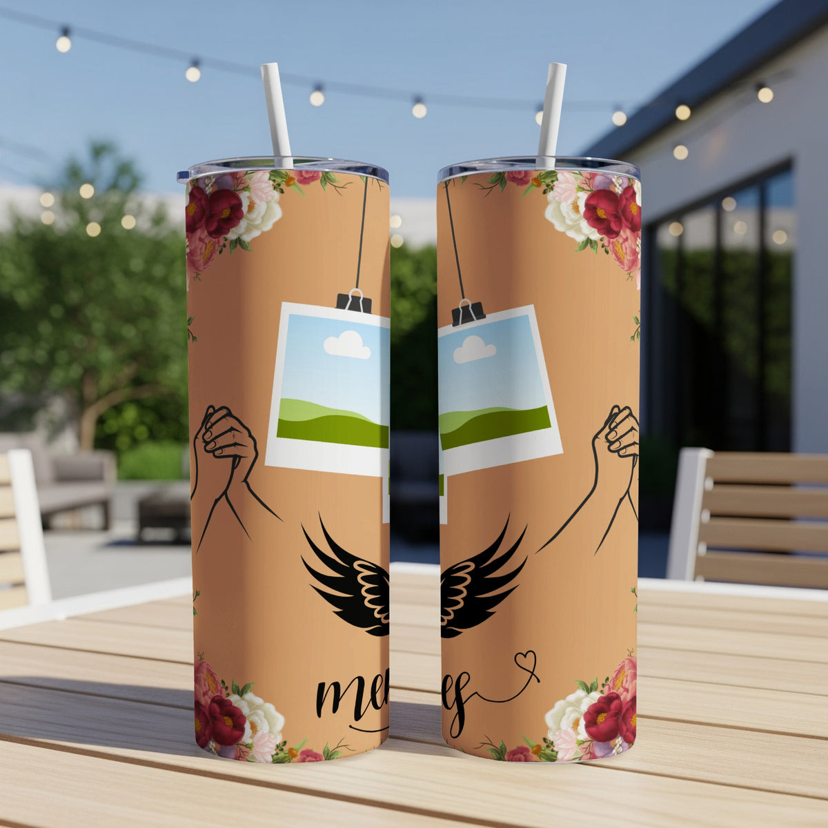 Two tan tumblers with floral accents and "mom" text sit on a table.