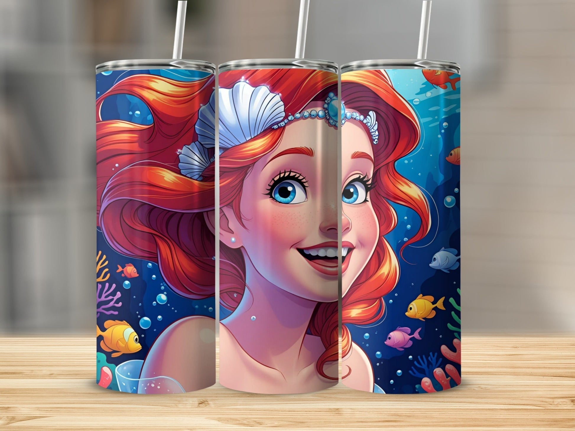 Mermaid with red hair and blue eyes smiles surrounded by fish and coral.