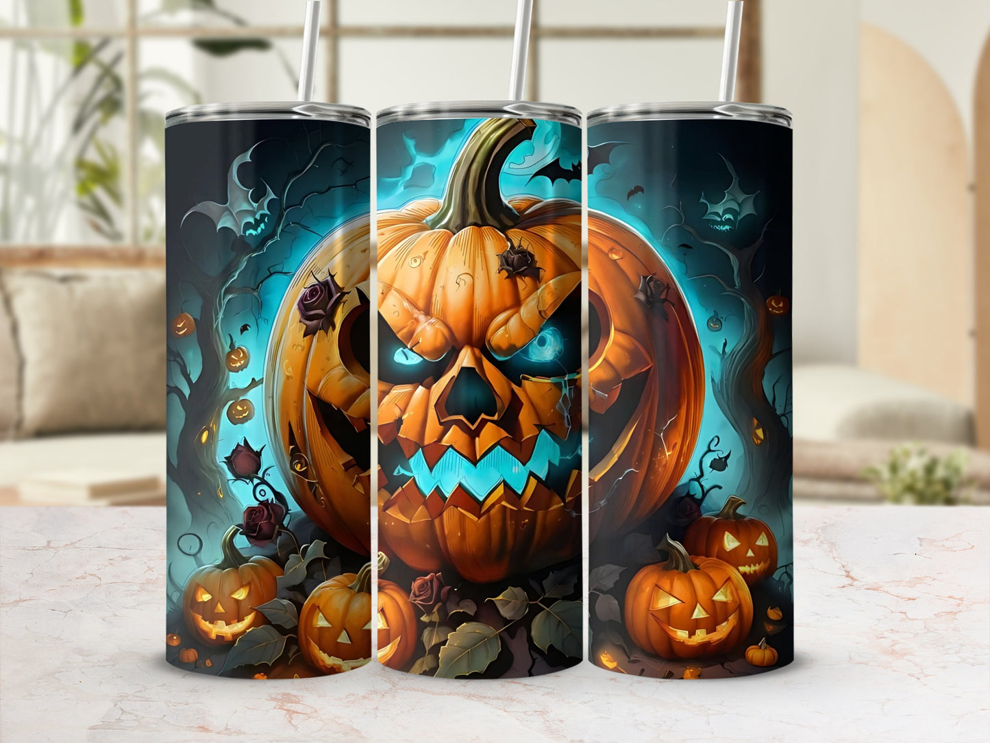 Three tumblers featuring a spooky Halloween scene with glowing jack-o'-lanterns and bats.