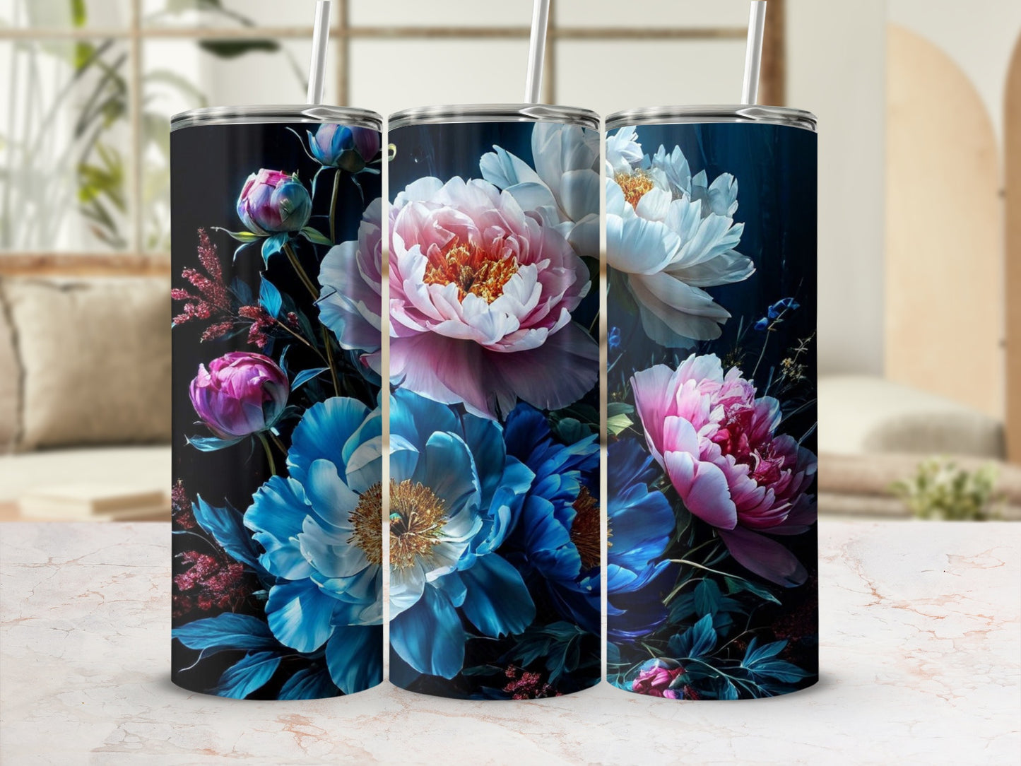 Three tumblers with floral designs featuring blue and pink peonies.