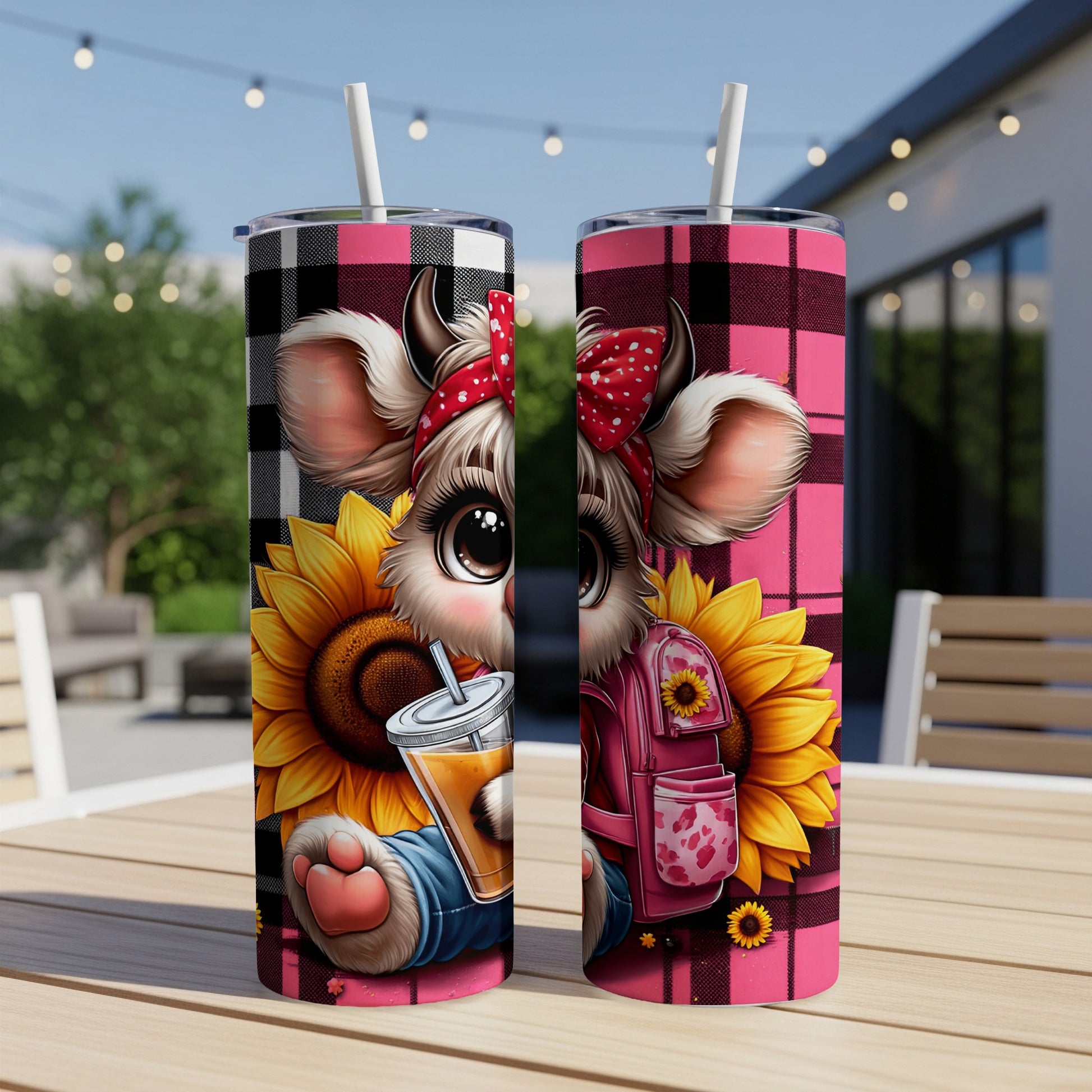 Cow with sunflower and drink on a checkered background tumbler.