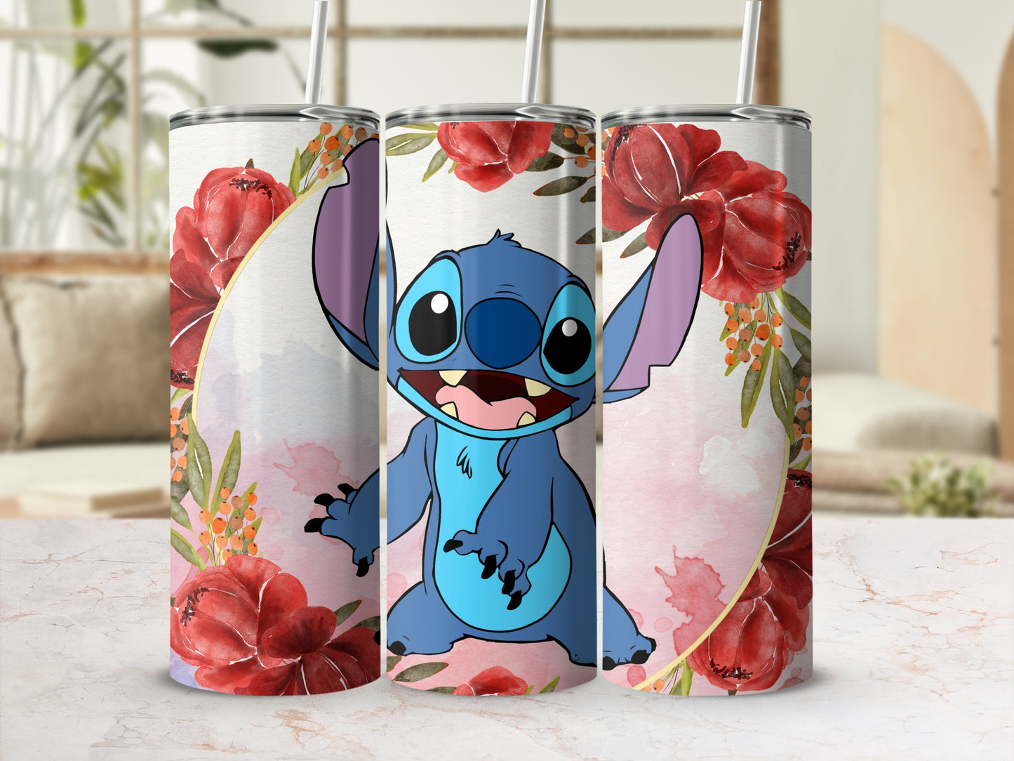 Blue Character with Red Flowers Design Tumbler
