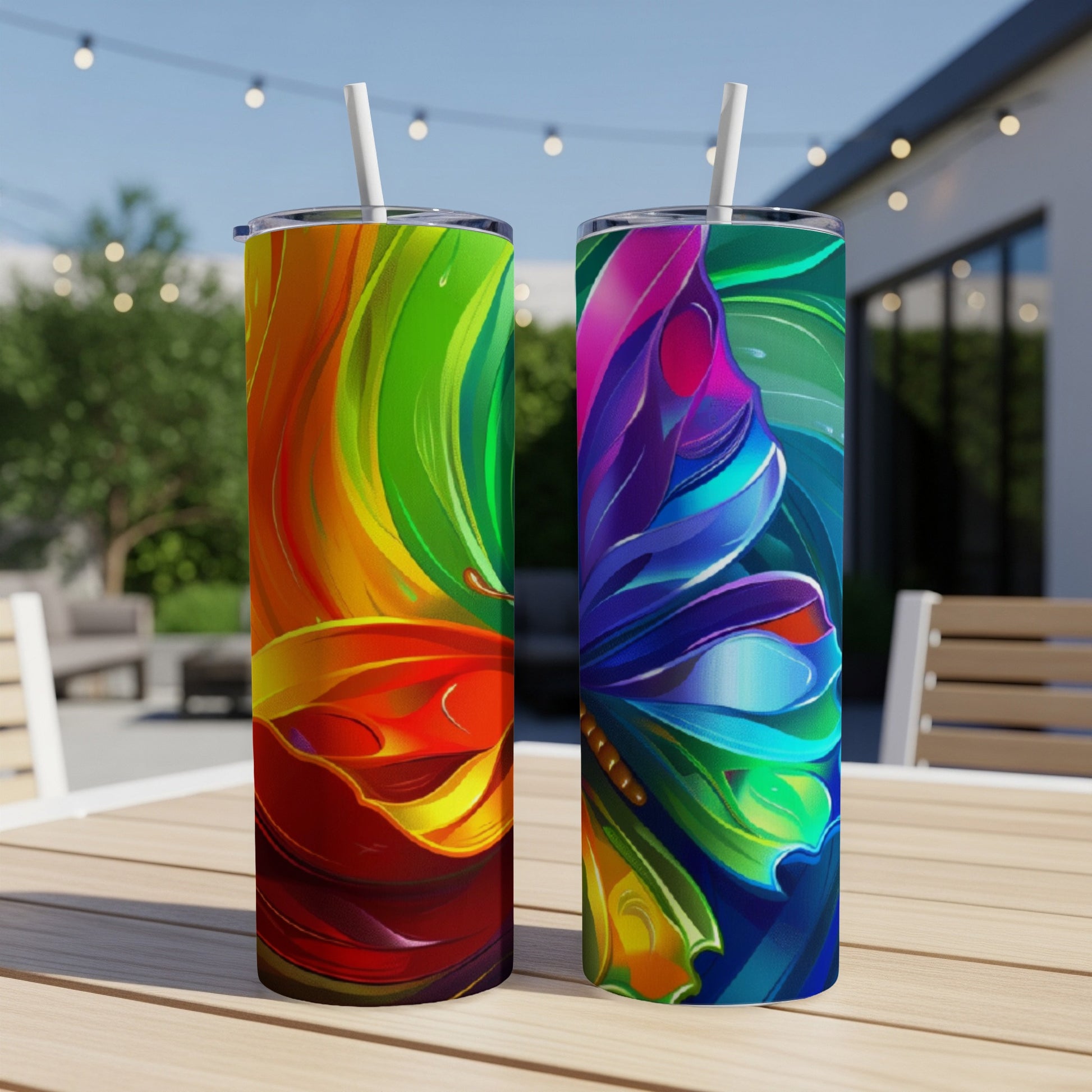 Two colorful tumblers with butterfly designs, one with a rainbow motif and the other with vibrant blues and purples.