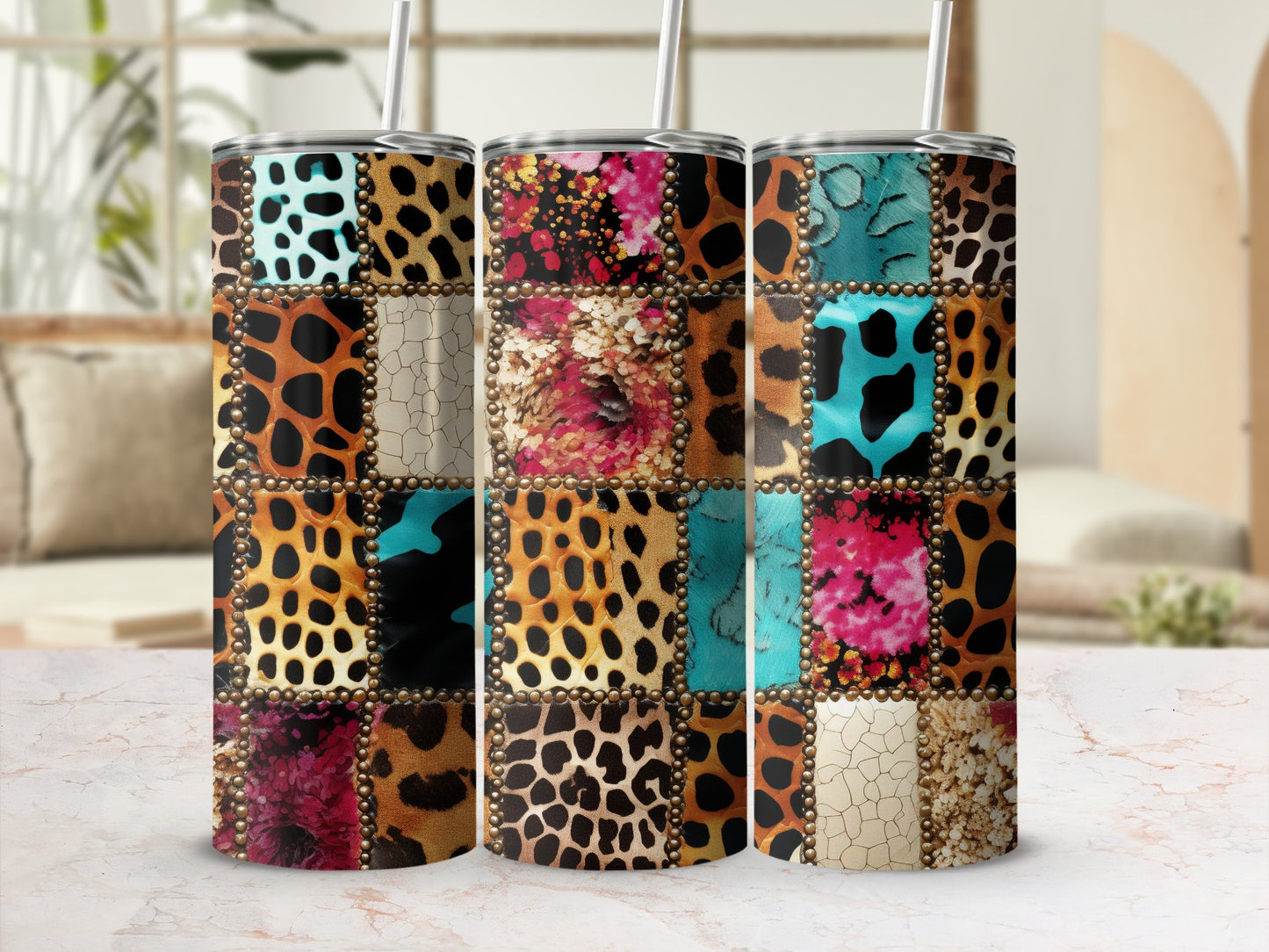 Patchwork tumbler with animal prints and floral patterns.