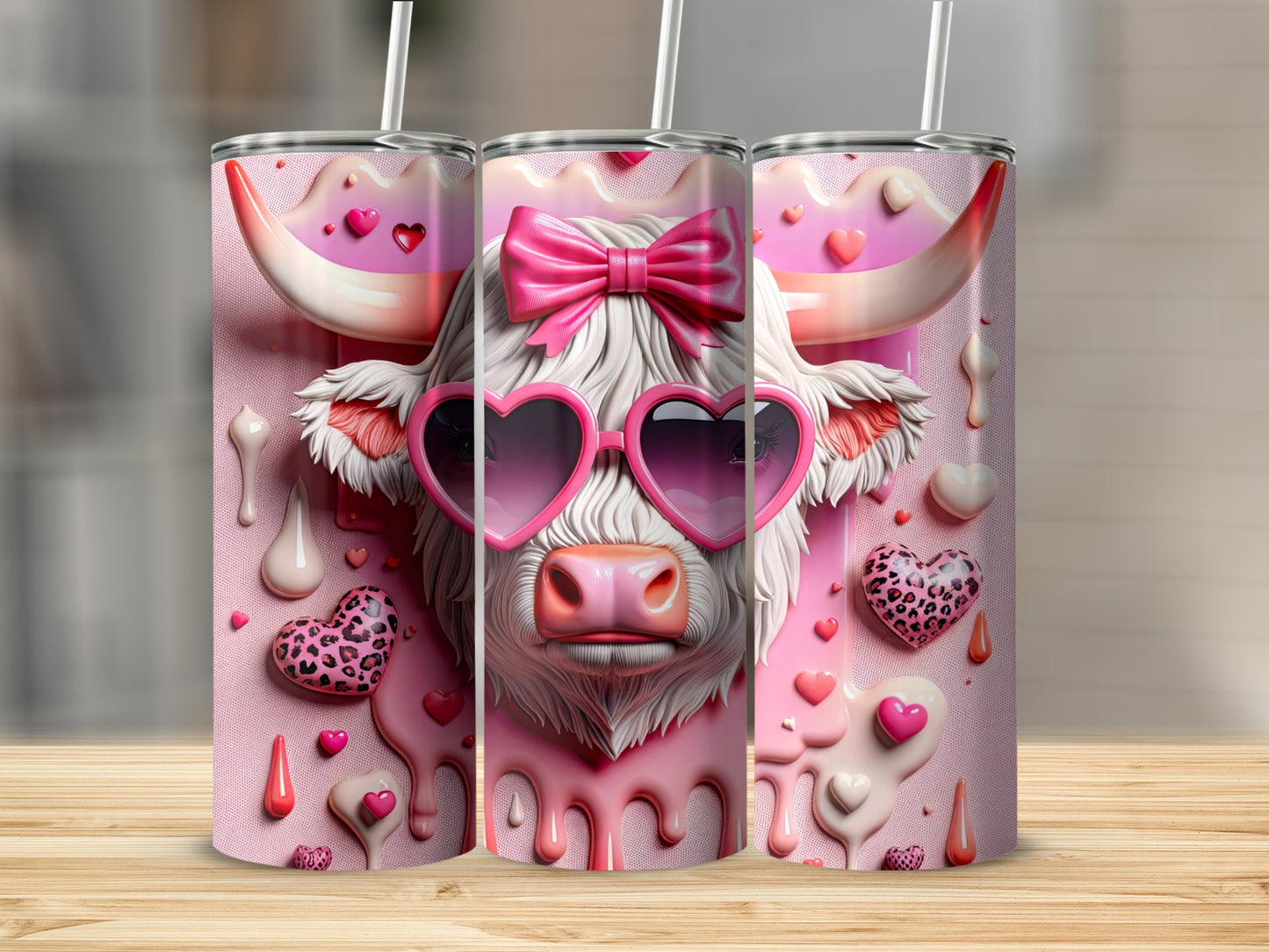 Pink cow with heart sunglasses and bow on a pink drip background.
