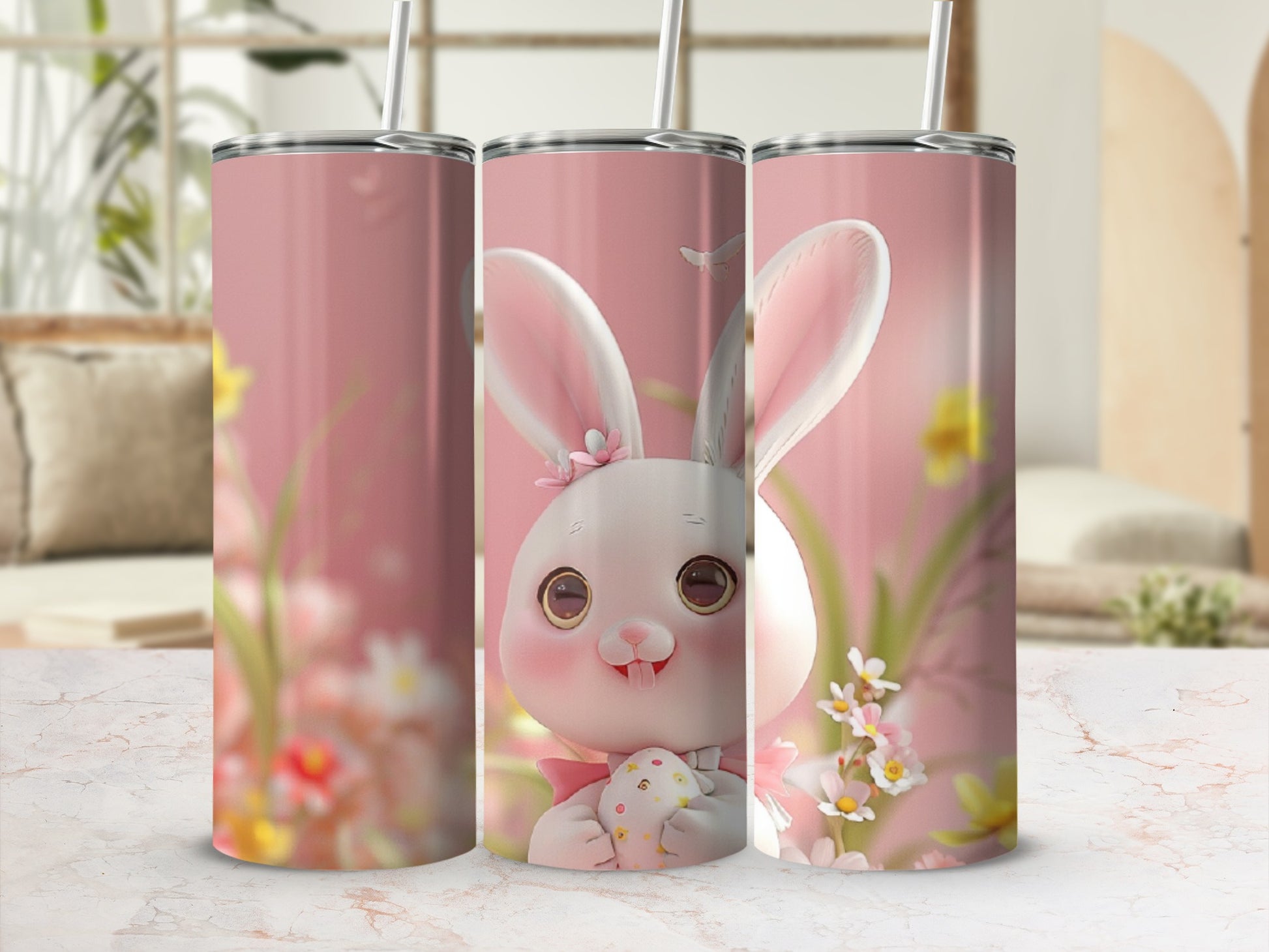 Pink bunny holding an Easter egg, surrounded by flowers.