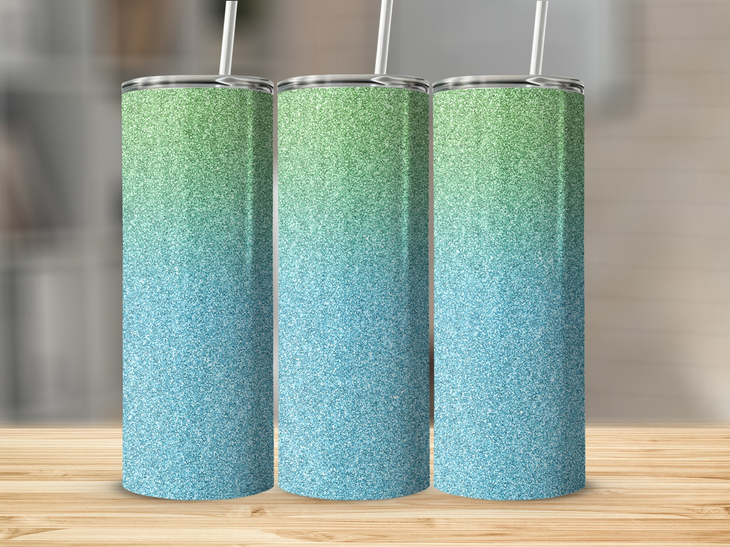 Gradient Blue and Green Glitter Tumbler Product