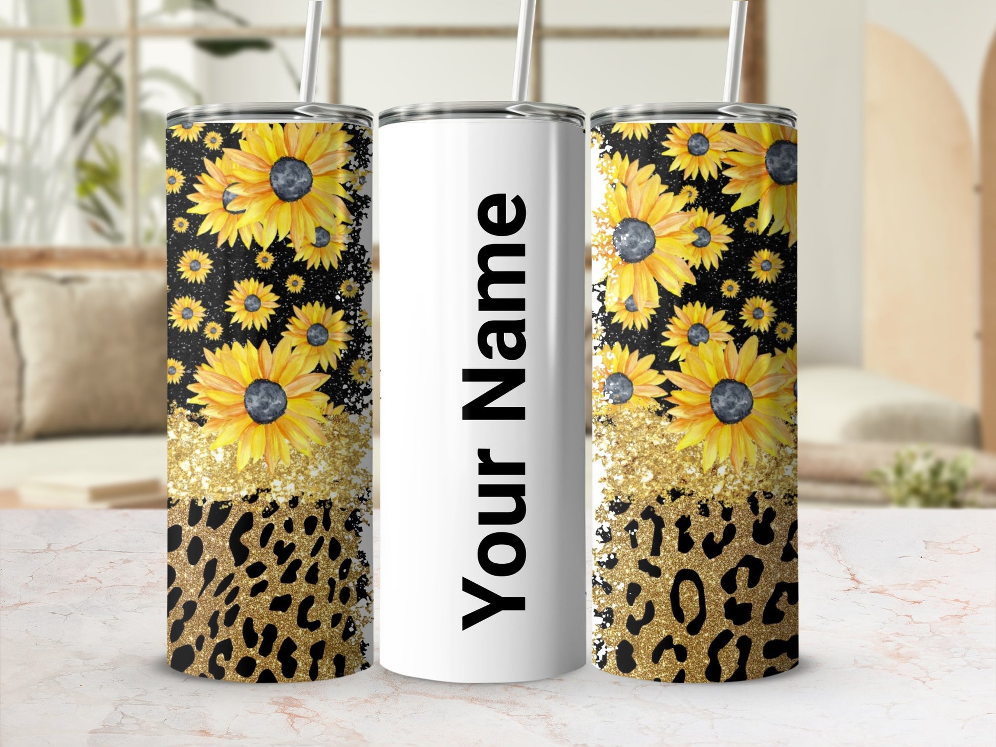 Personalized Sunflower and Leopard Tumbler with Straw