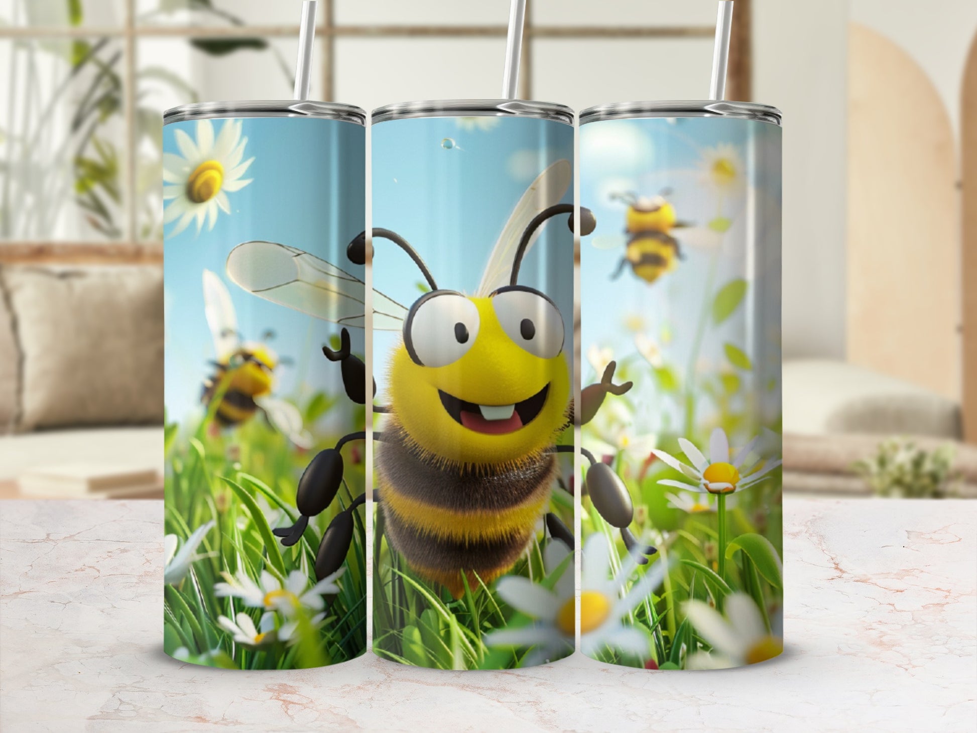 Three tumblers with cheerful cartoon bees and daisies on a grassy background.