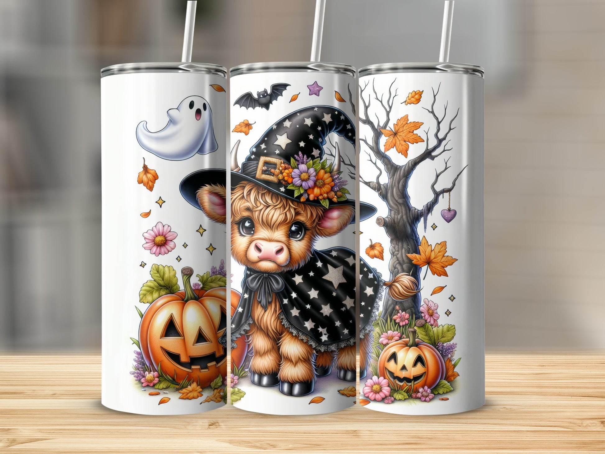 Cute cow in witch hat with pumpkins and ghost, Halloween themed tumbler.