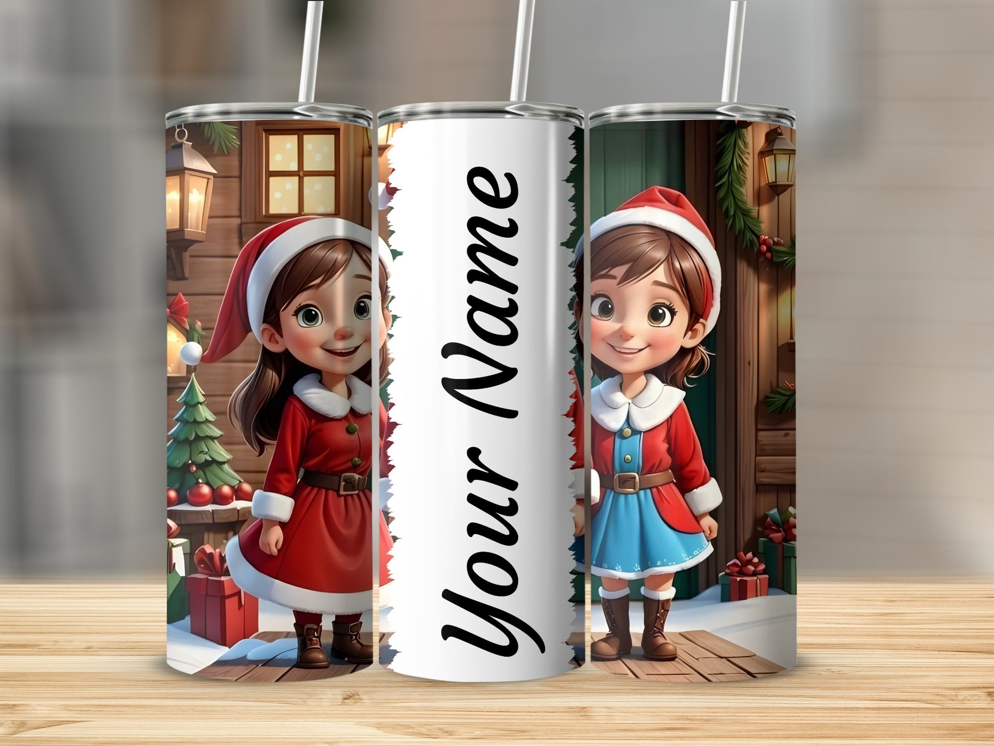Personalized Christmas Elf Themed Tumbler with Straw