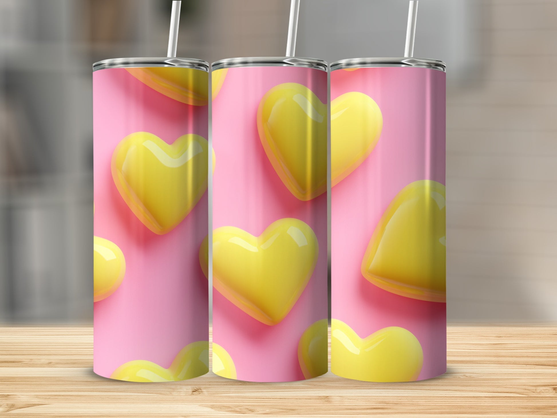 Cute Pink Tumbler with Yellow Hearts Design