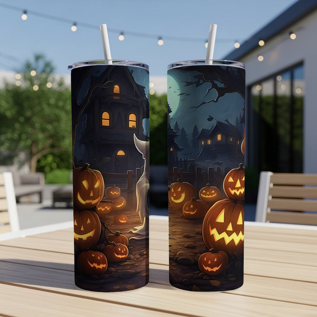 Two tumblers with a spooky Halloween scene featuring jack-o'-lanterns and a haunted house.
