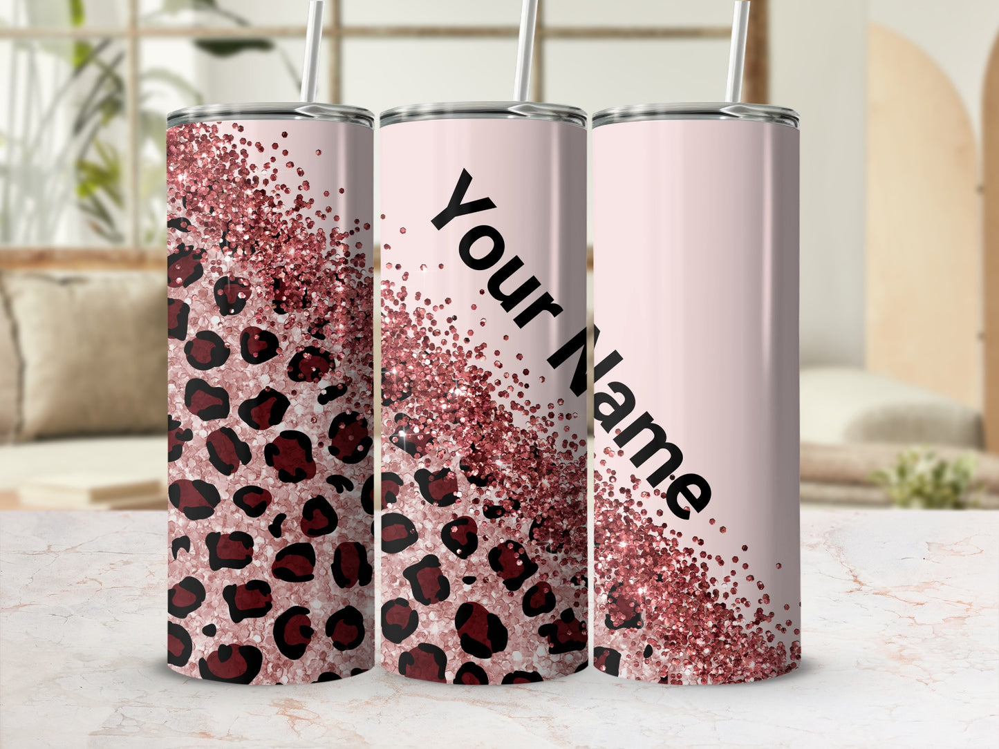 Custom Leopard and Glitter Tumbler with Your Name