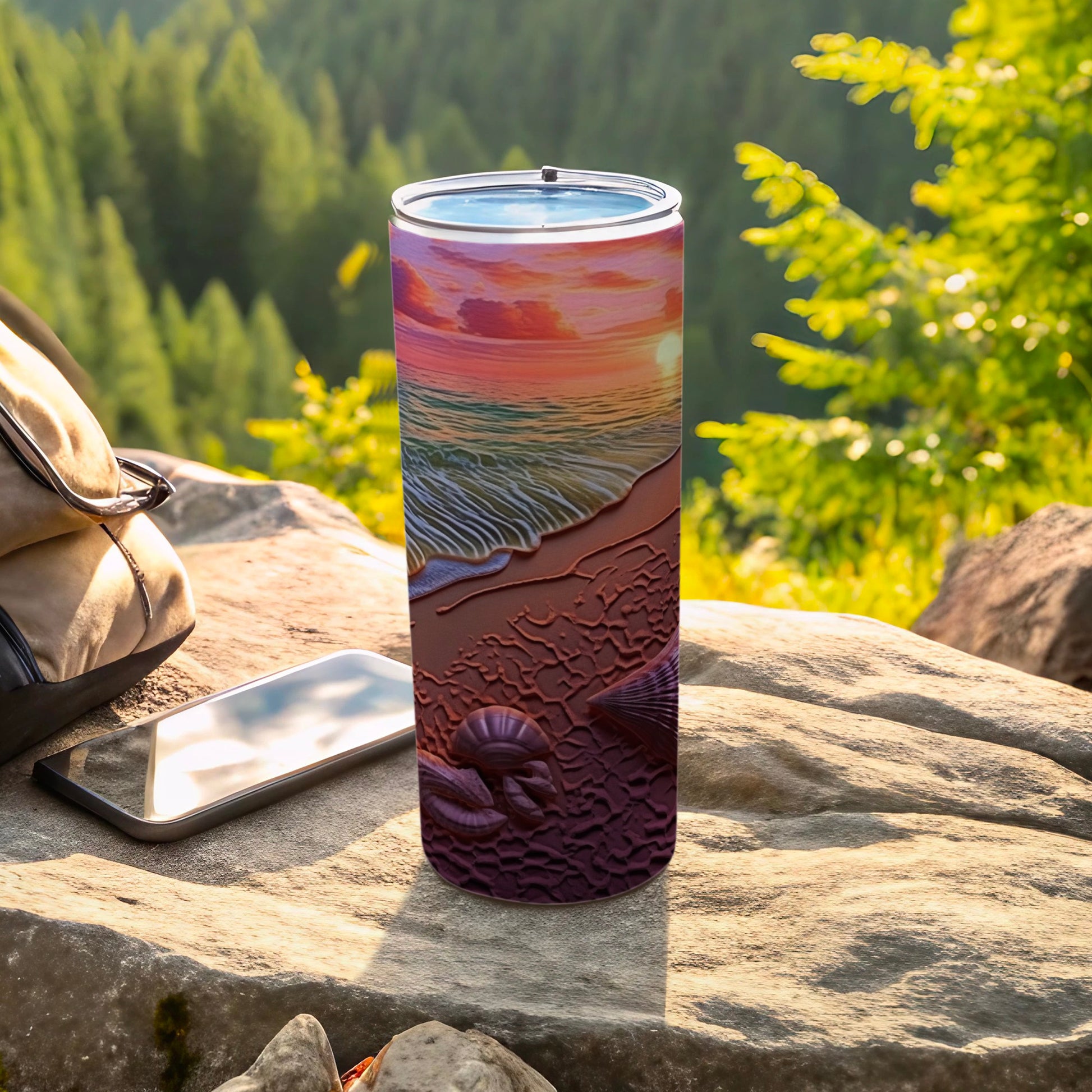 Tall tumbler with sunset beach scene, shells, and palm trees.