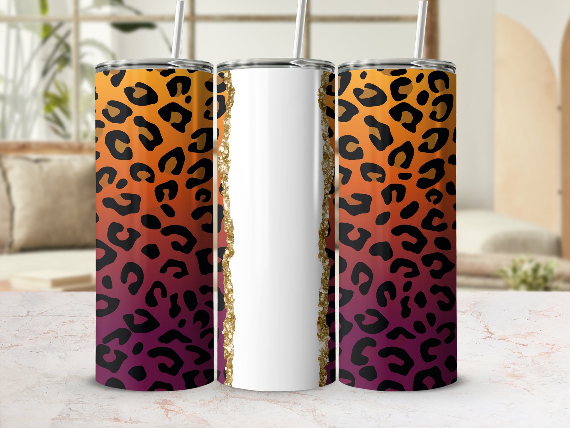 Tumbler with leopard print and gold glitter accent.