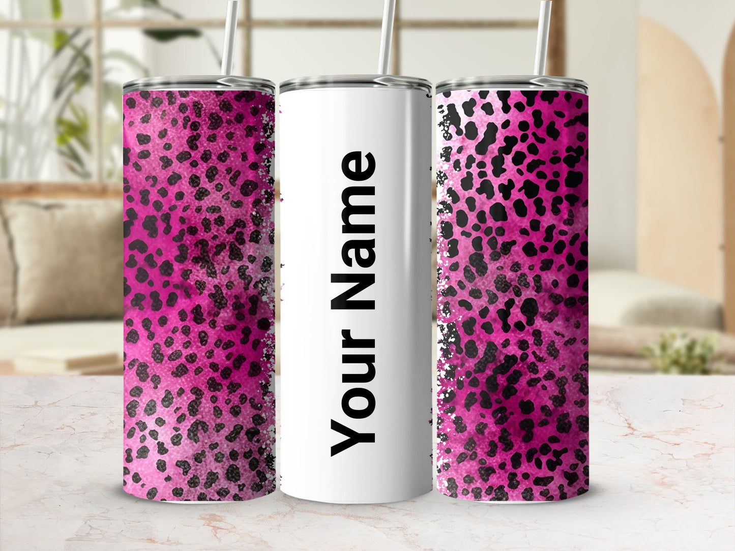 Pink Leopard Print Tumbler with Custom Name Option