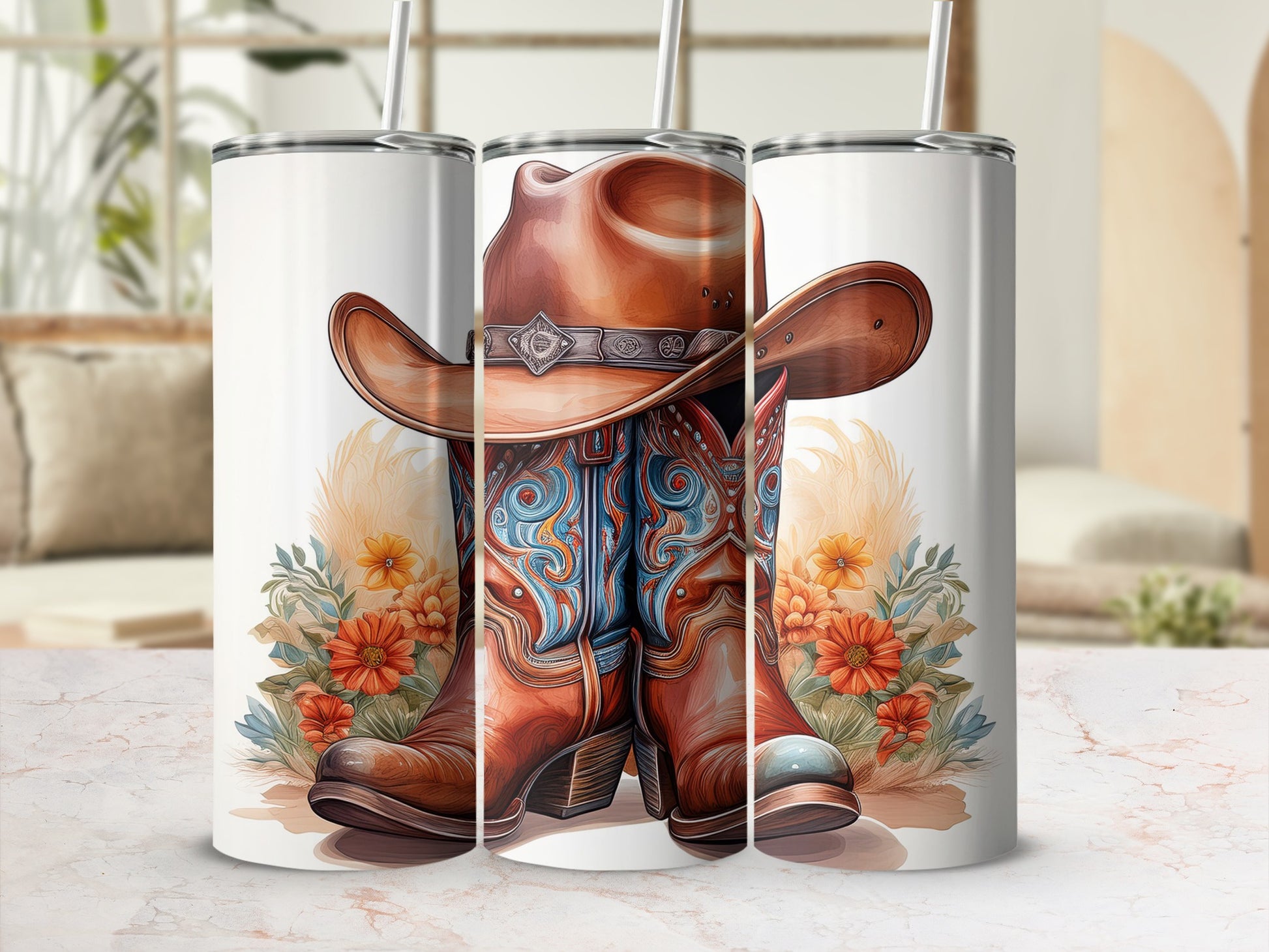 Cowboy boots with hat and floral accents on a marble surface.