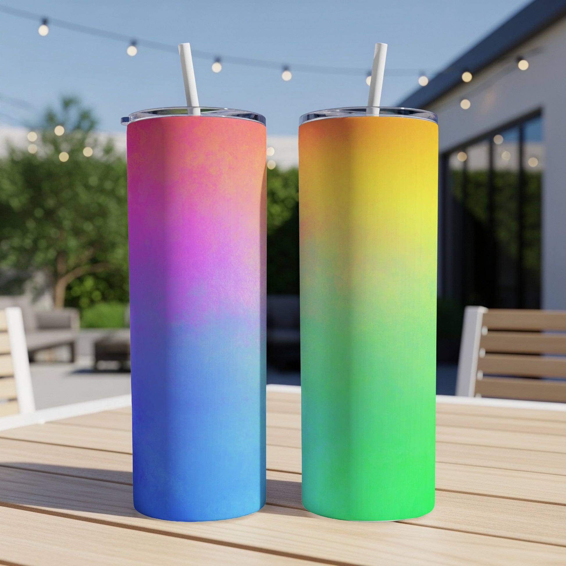 Two gradient tumblers, pink to blue and yellow to green, with straws.