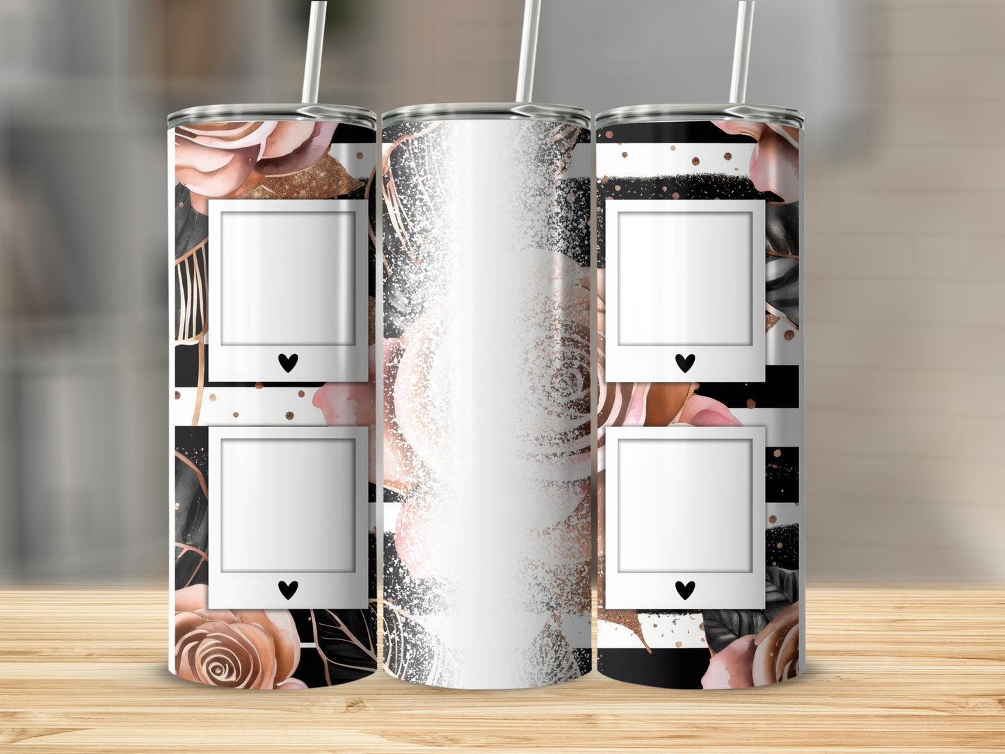 Tumbler with floral and striped pattern, featuring empty photo frames.