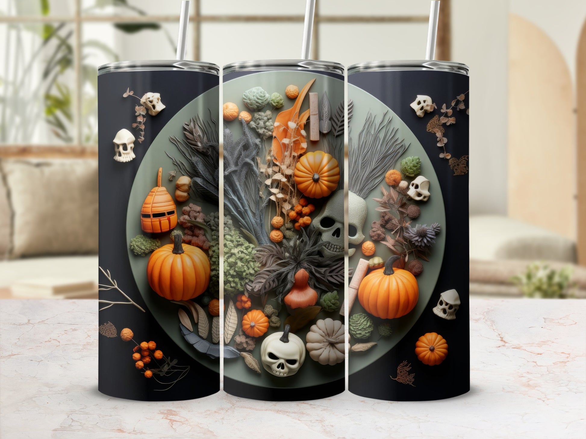 Halloween themed tumbler with pumpkins, skulls, and foliage design.