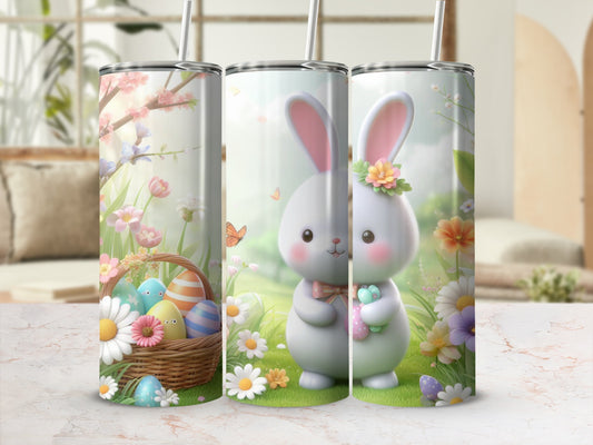Easter bunny with basket of painted eggs and flowers in a spring meadow.