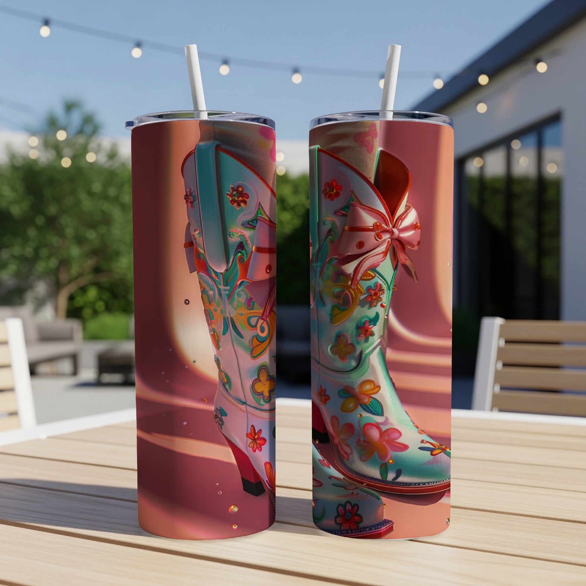 Two colorful floral cowboy boots with bows and straws on a table.