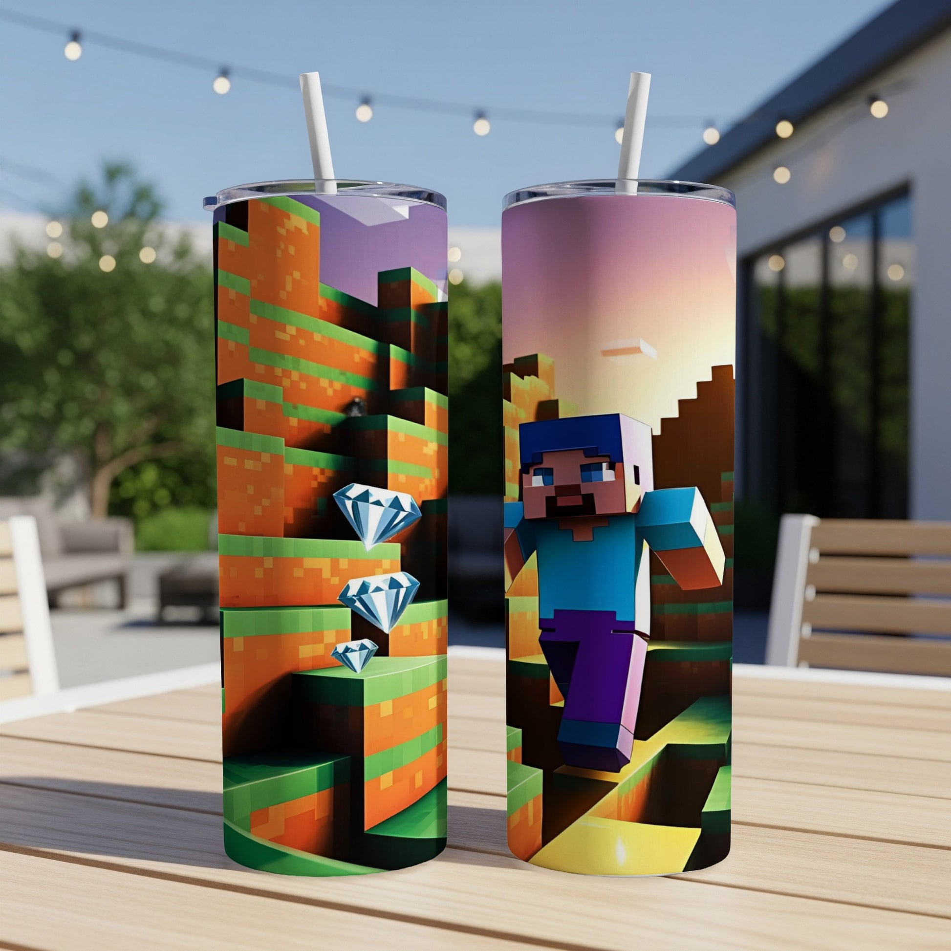 Minecraft character and diamond blocks on tumblers.
