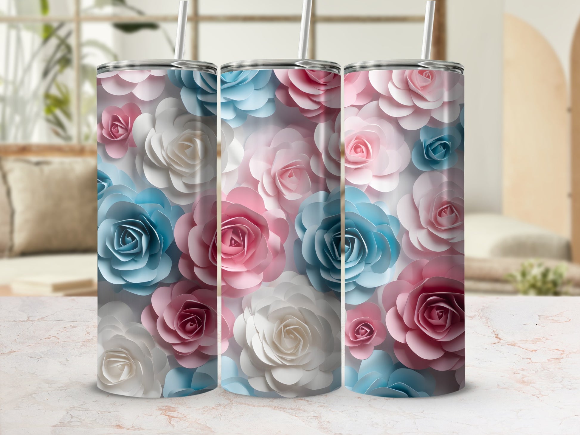 Floral tumbler with pink, blue, and white roses.
