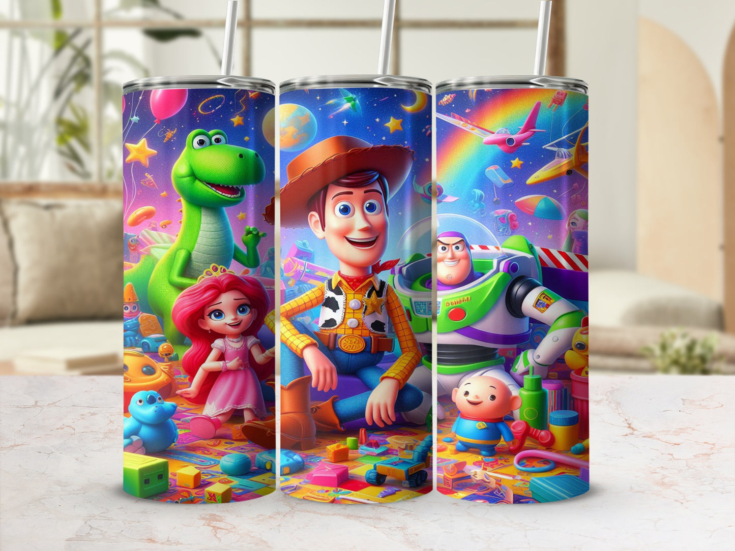 Woody, Buzz Lightyear, Rex, and Ariel on a colorful Toy Story themed tumbler.