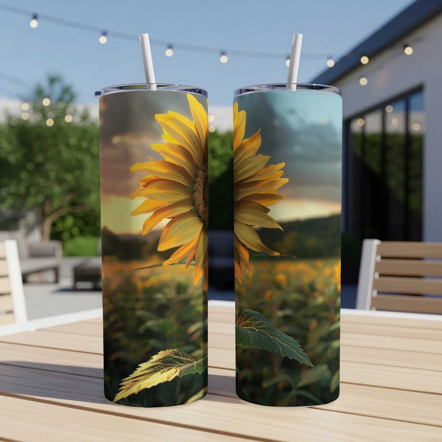 Two tumblers with a sunflower image sit on a table outdoors.