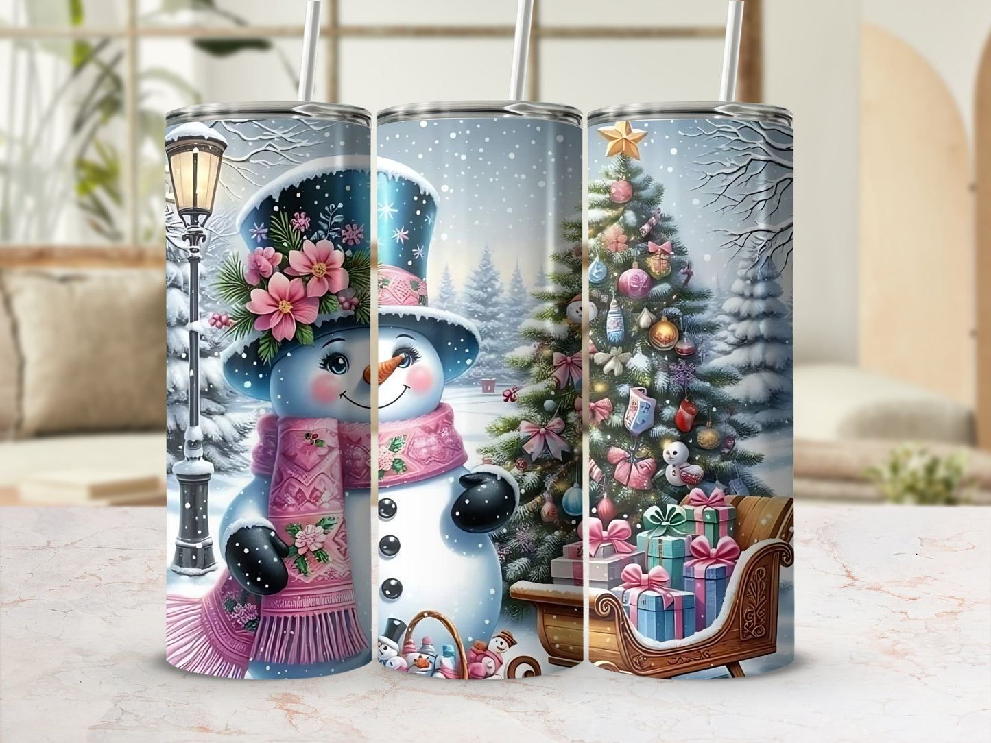 Festive Snowman and Christmas Tree Tumbler Design