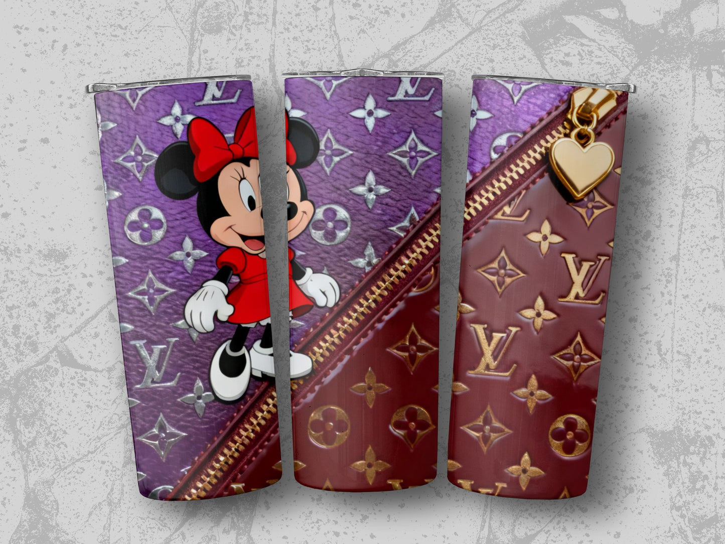 Minnie Mouse on purple and brown designer pattern tumbler with gold zipper detail.