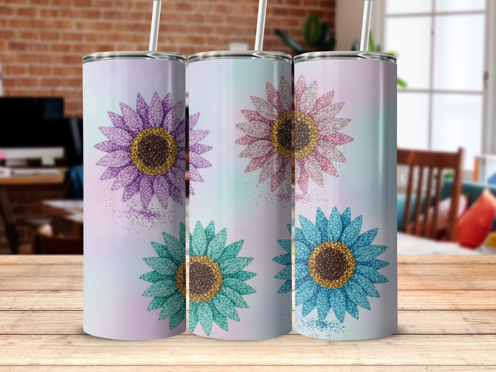 Glitter Sunflower Patterned Insulated Tumbler