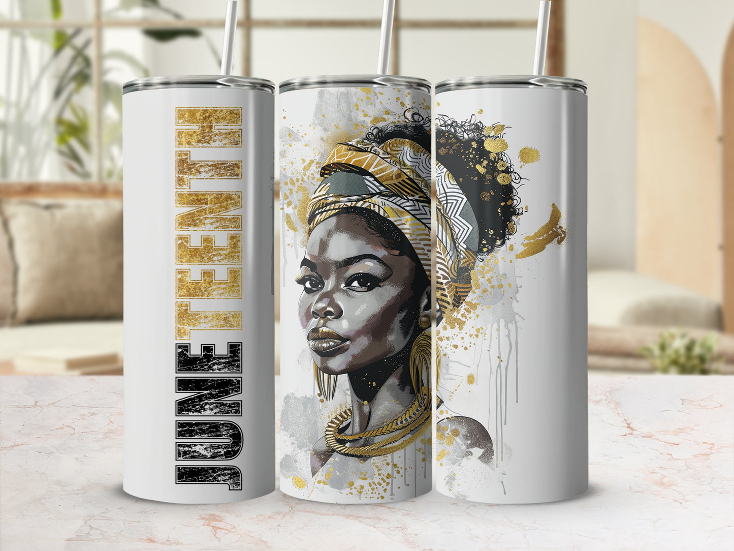 Tumbler with portrait of Black woman wearing headwrap, "June" text.
