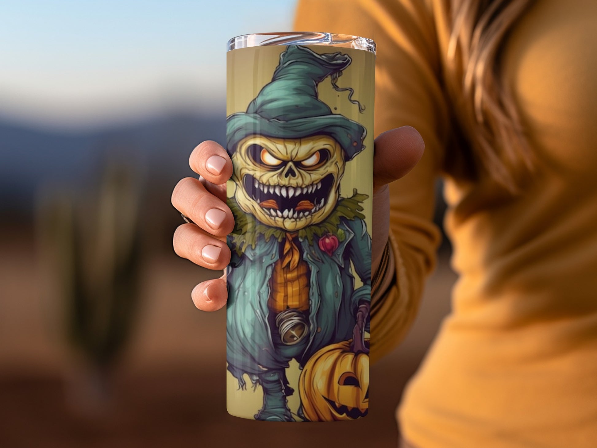 Spooky Scarecrow Halloween Tumbler with Pumpkin Artwork