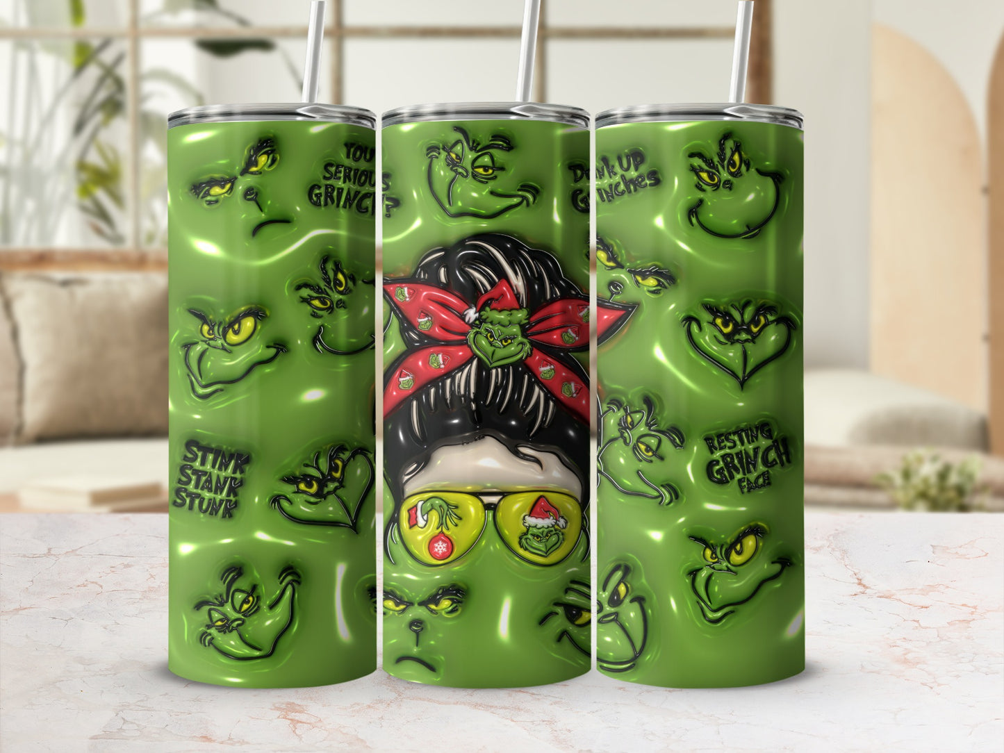 Grinch Faces Design Green Skinny Tumbler Cups