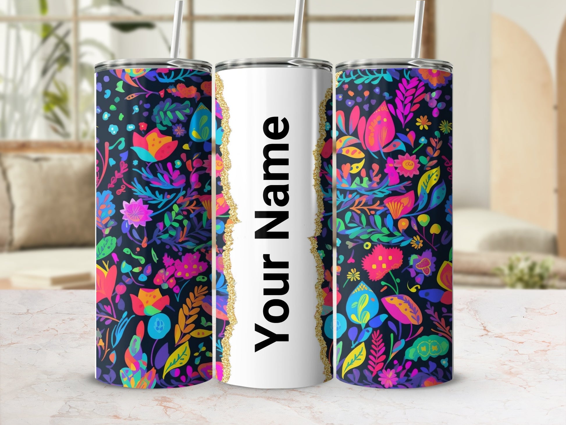 Personalized Colorful Floral Pattern Your Name Tumbler
