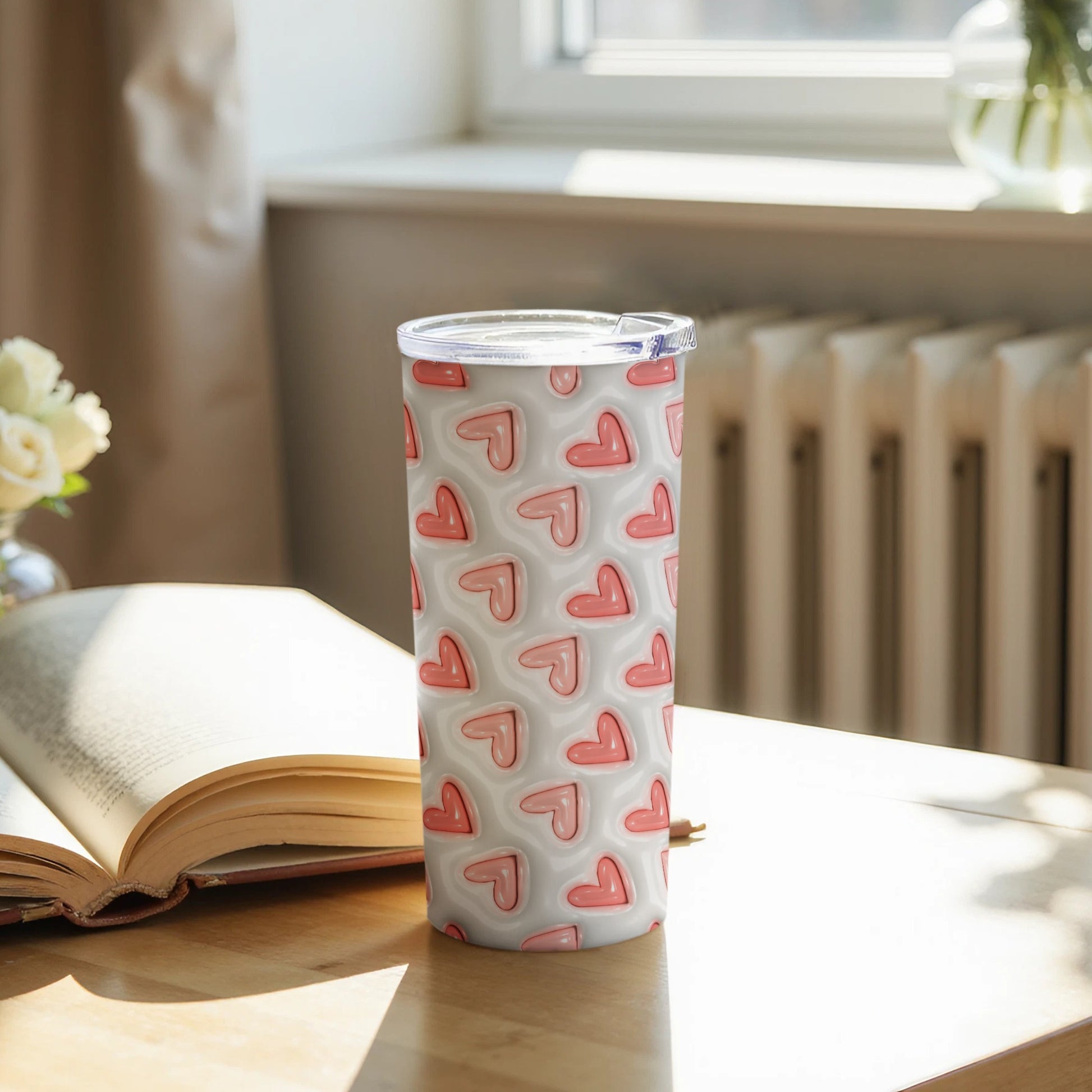 Pink Hearts Patterned Insulated Tumbler Cup