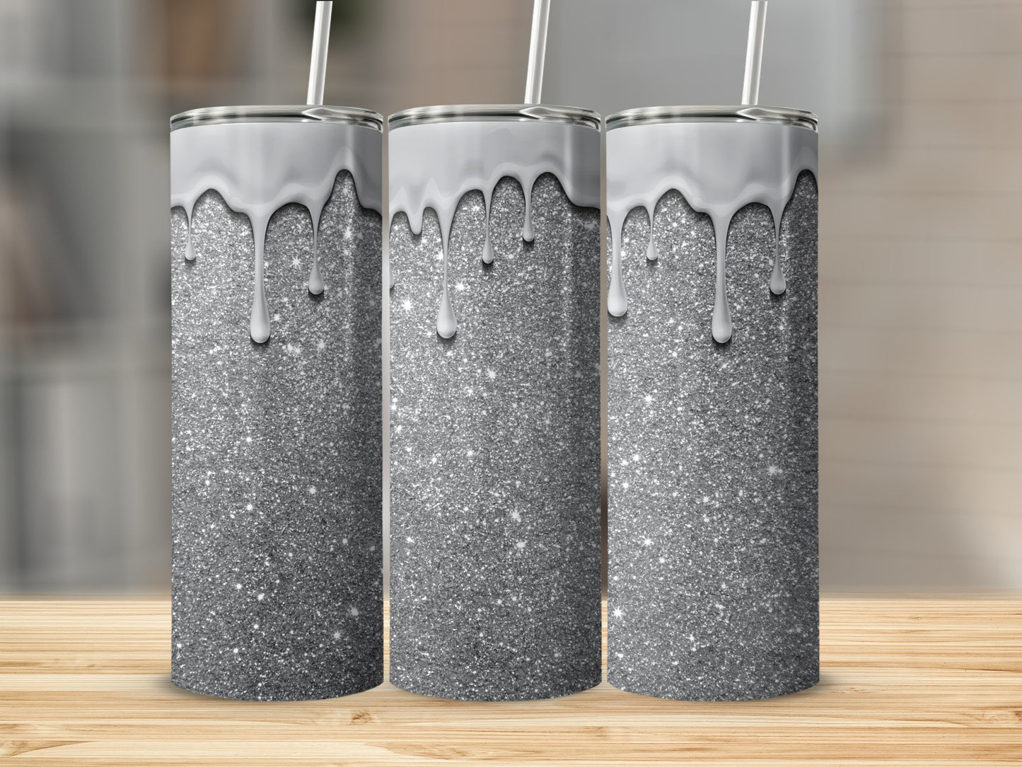 Sparkling Silver Gray Tumbler with Dripping Design