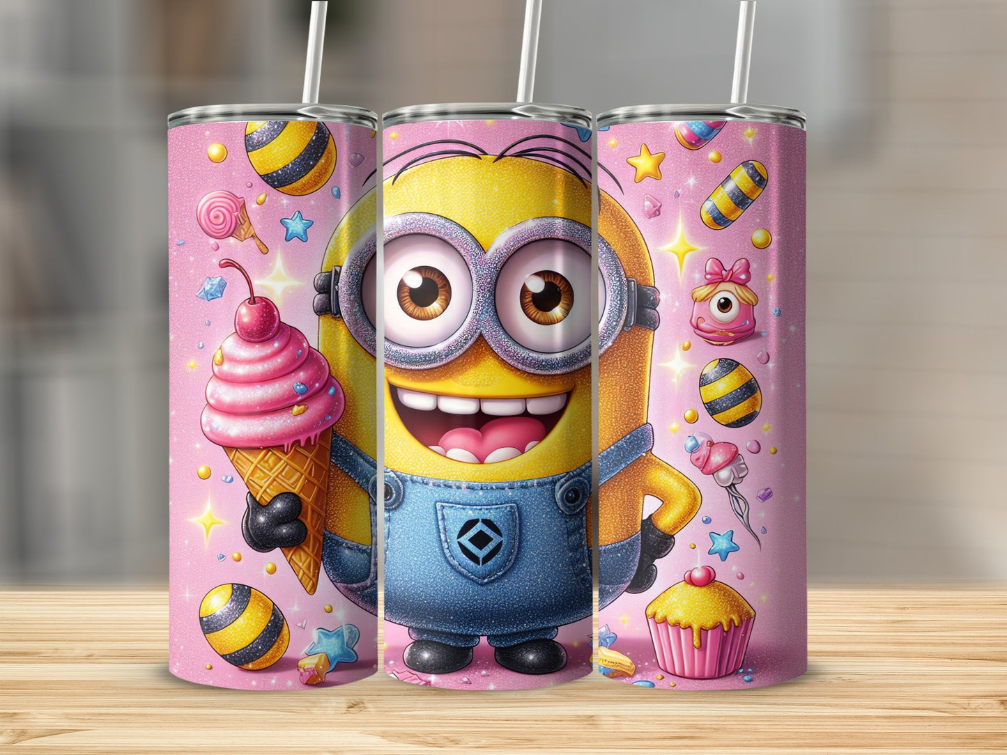 Cute Cartoon Character Tumbler with Ice Cream Design