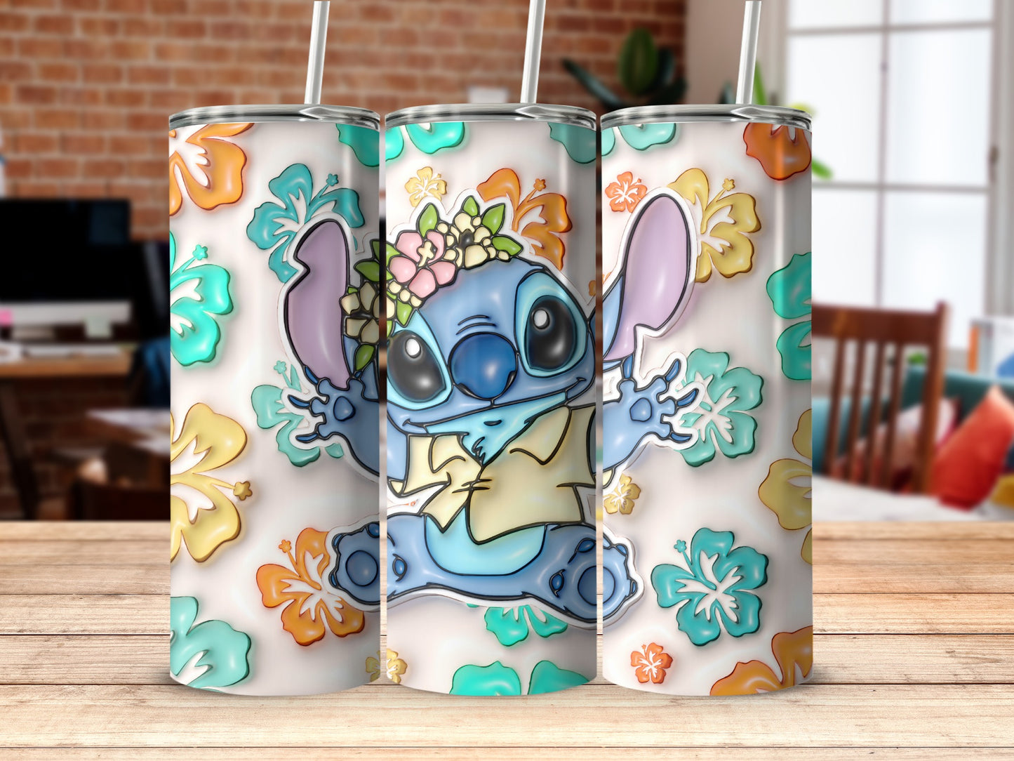 Cute Floral Stitch Tumbler with Colorful Hibiscus Details