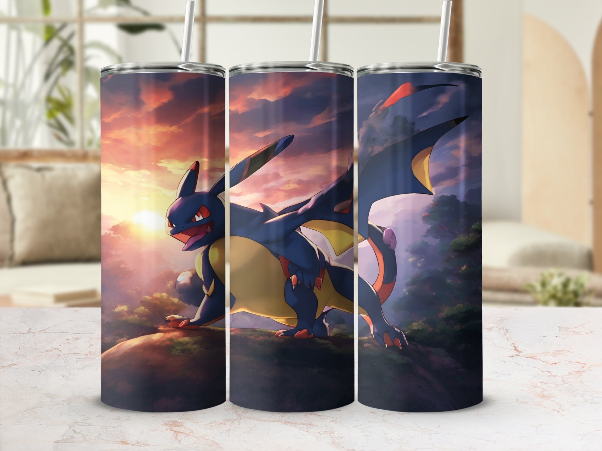Three tumblers featuring a blue, black, and red dragon-like creature in a sunset forest.