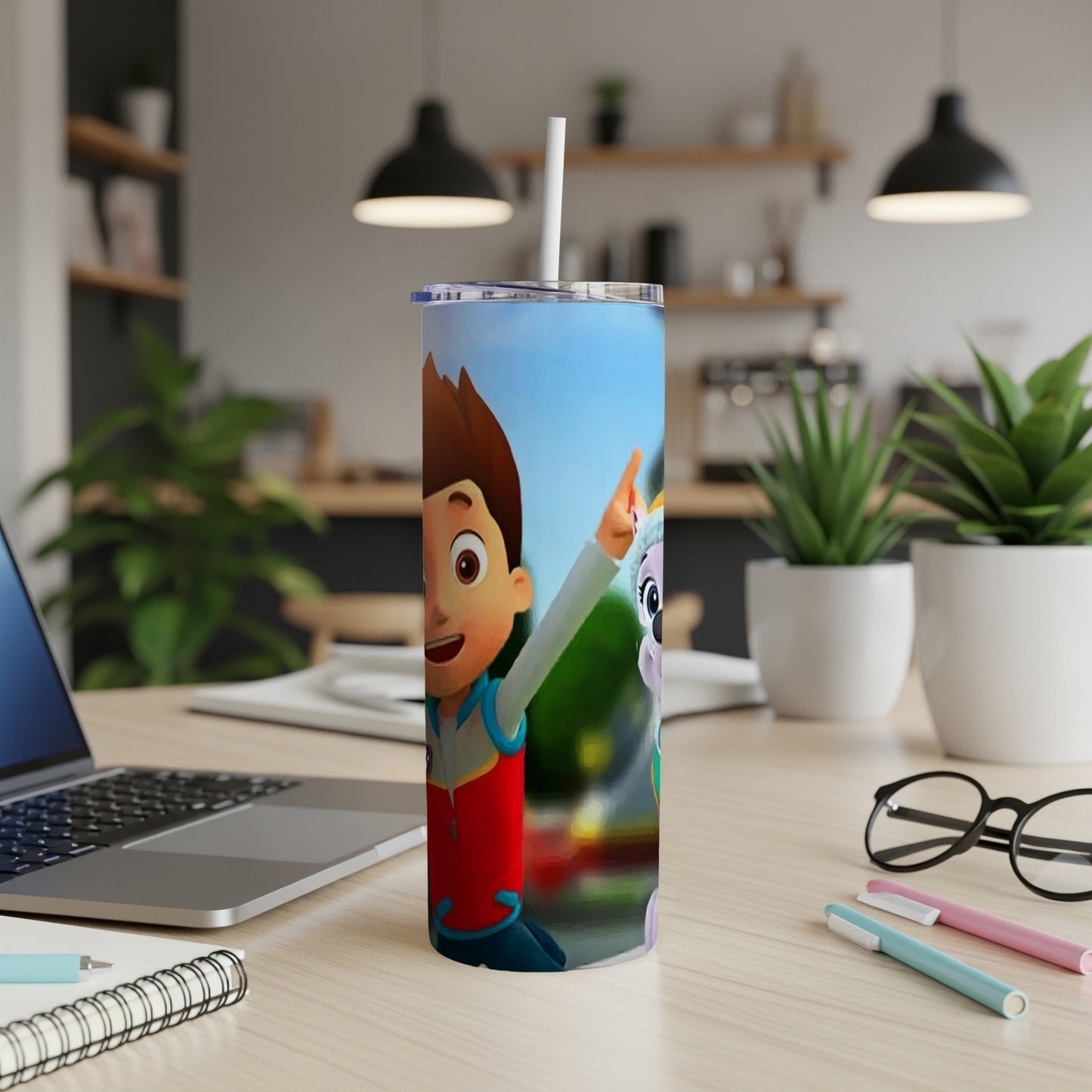 Paw Patrol tumbler featuring Ryder and Skye, with a straw.