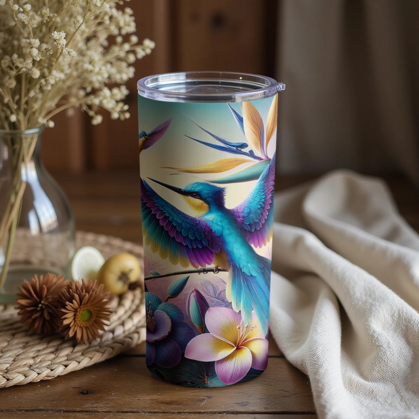 Colorful Hummingbird and Flowers Artwork Tumbler Cup