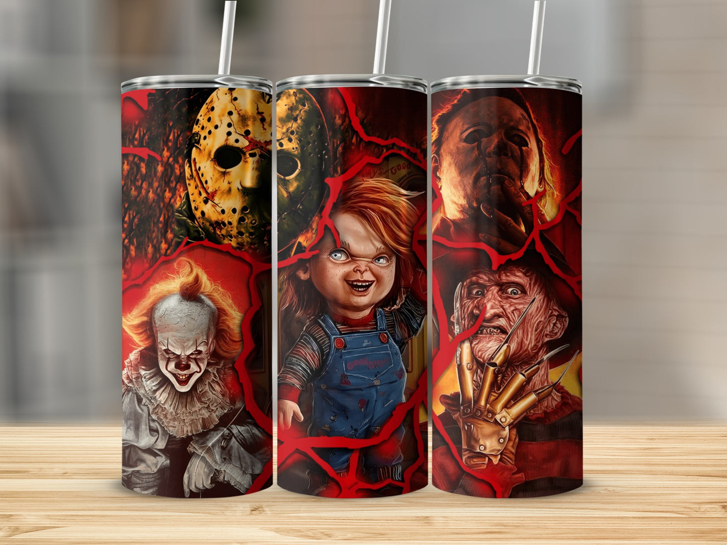 Three tumblers featuring Pennywise, Chucky, Freddy Krueger, Jason Voorhees, and Michael Myers.